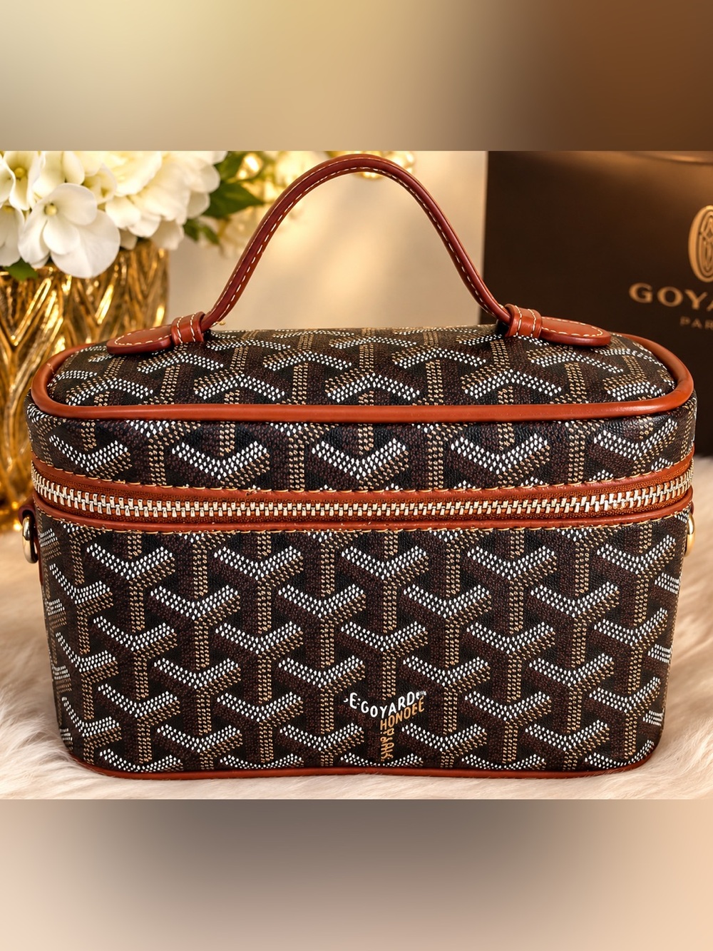 Brown Chevron Cosmetic Case with Tan Leather Trim